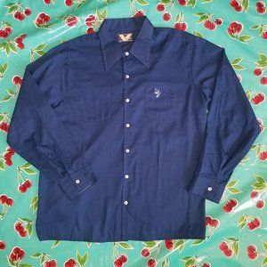 Vintage 70's Men's Shirt Deep Blue XL with Embroidered Flag Waving Lion